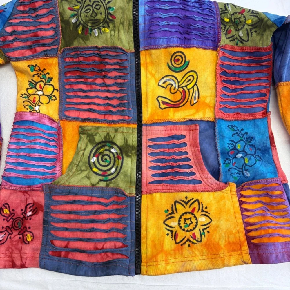 Rising International Patchwork Zip Up Hoodie Women XL Boho Sun Hippie Colorful